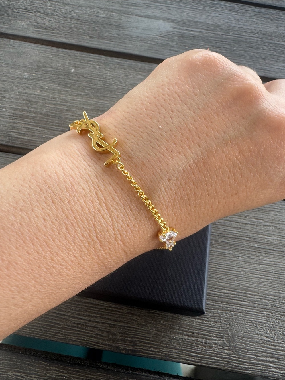 Saint Laurent Gold-Tone Logo Chain Bracelet with Crystal Drop